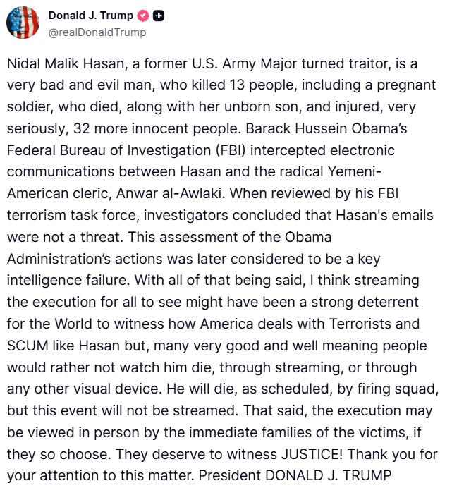 Fort Hood : Trump annule la diffusion en direct de l'exécution de Nidal Hasan