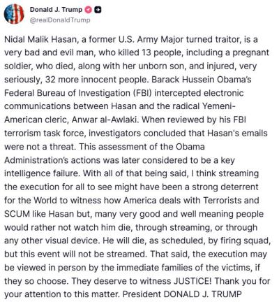 Fort Hood : Trump annule la diffusion en direct de l'exécution de Nidal Hasan